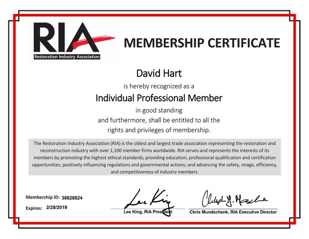 RamAir Restoration Industry Association membership certificate (RIA)